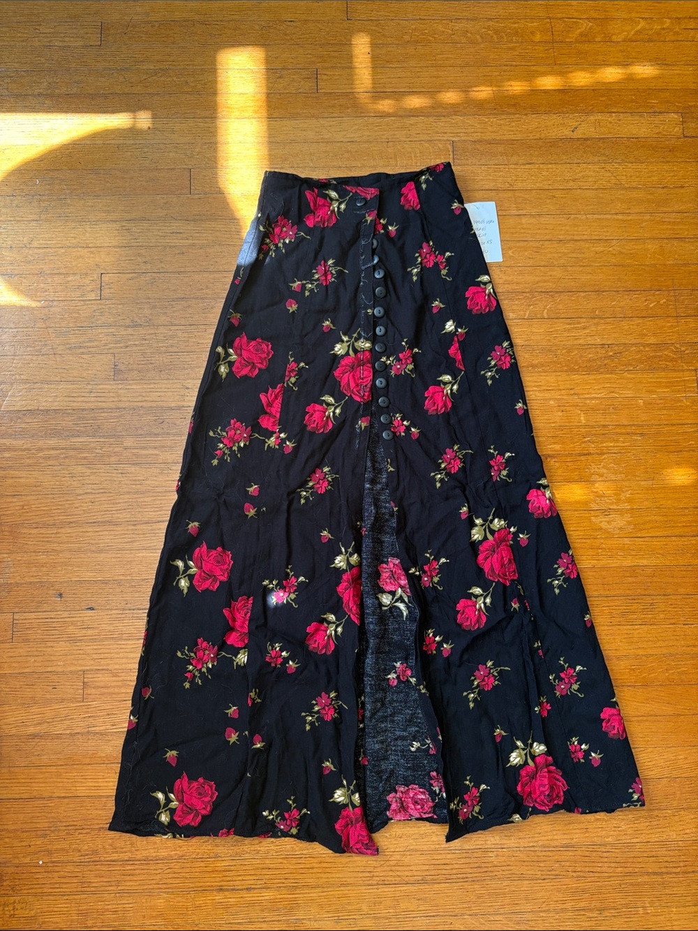 Vintage Black Floral Button-Front Maxi Skirt - Red Rose Print